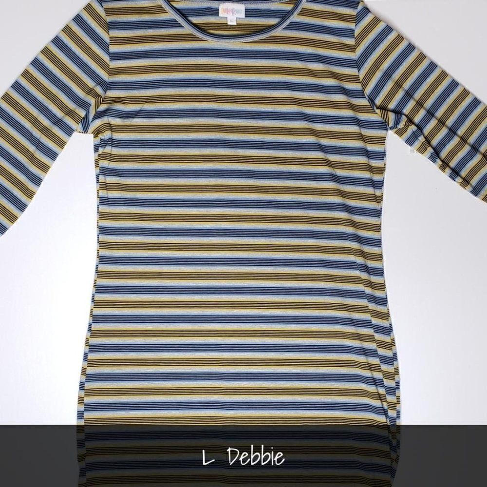 LuLaRoe Debbie Dress Large Black Yellow Grey Stripes Long Sleeves NWT